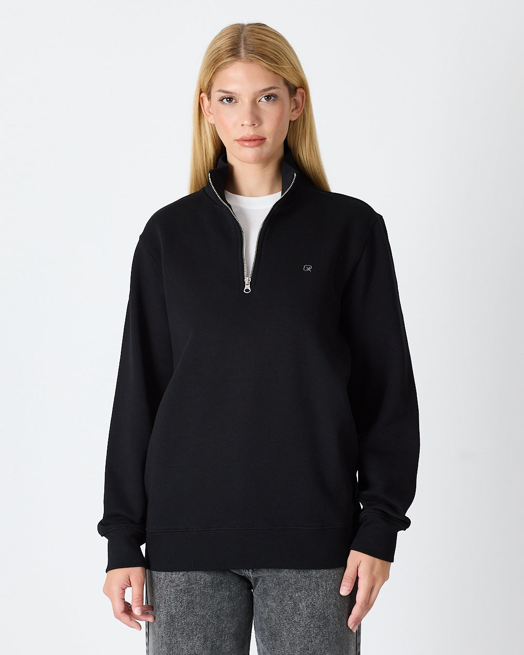 Unisex Siyah Gümüş Nakış Standart Kalıp Organik Pamuk Yarım Fermuarlı Sweatshirt