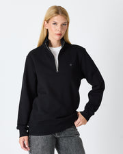 Unisex Siyah Gümüş Nakış Standart Kalıp Organik Pamuk Yarım Fermuarlı Sweatshirt