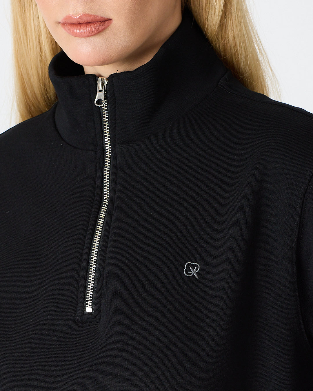 Unisex Siyah Gümüş Nakış Standart Kalıp Organik Pamuk Yarım Fermuarlı Sweatshirt