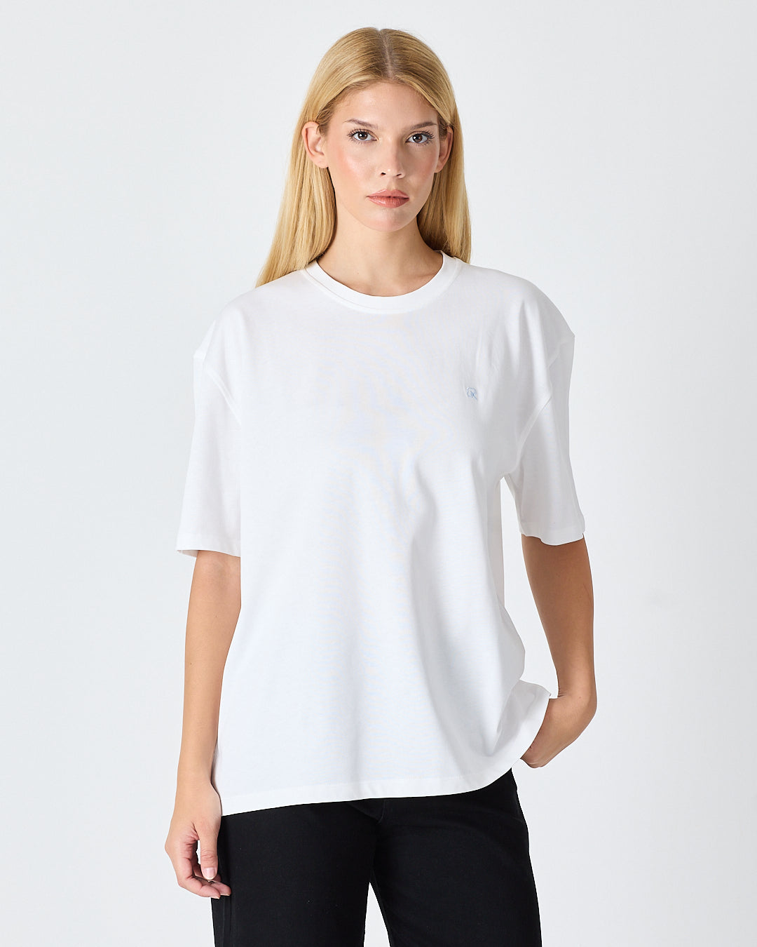 Unisex Beyaz Açık Mavi Nakışlı Oversize Bisiklet Yaka Organik Pamuklu T-Shirt