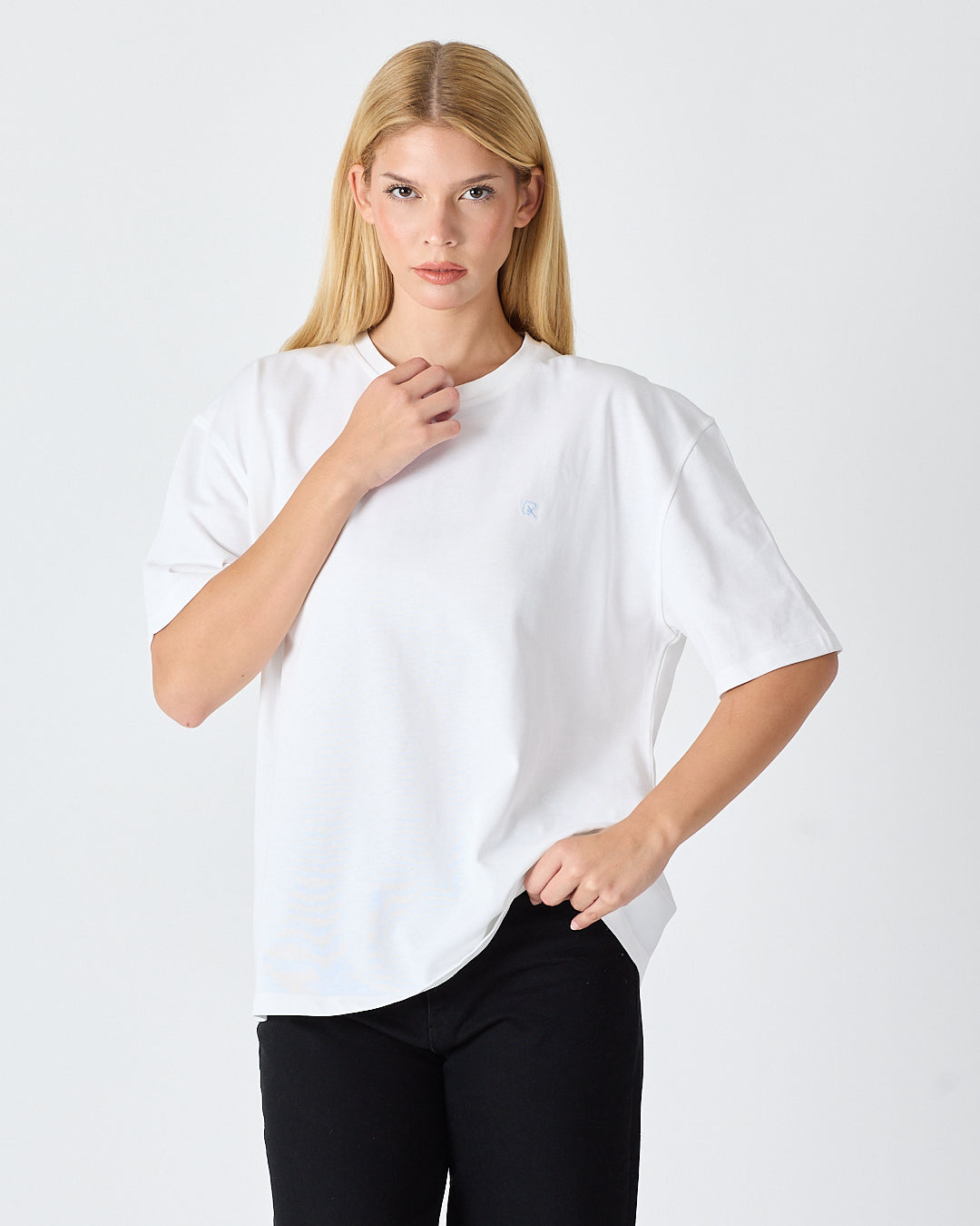 Unisex Beyaz Açık Mavi Nakışlı Oversize Bisiklet Yaka Organik Pamuklu T-Shirt