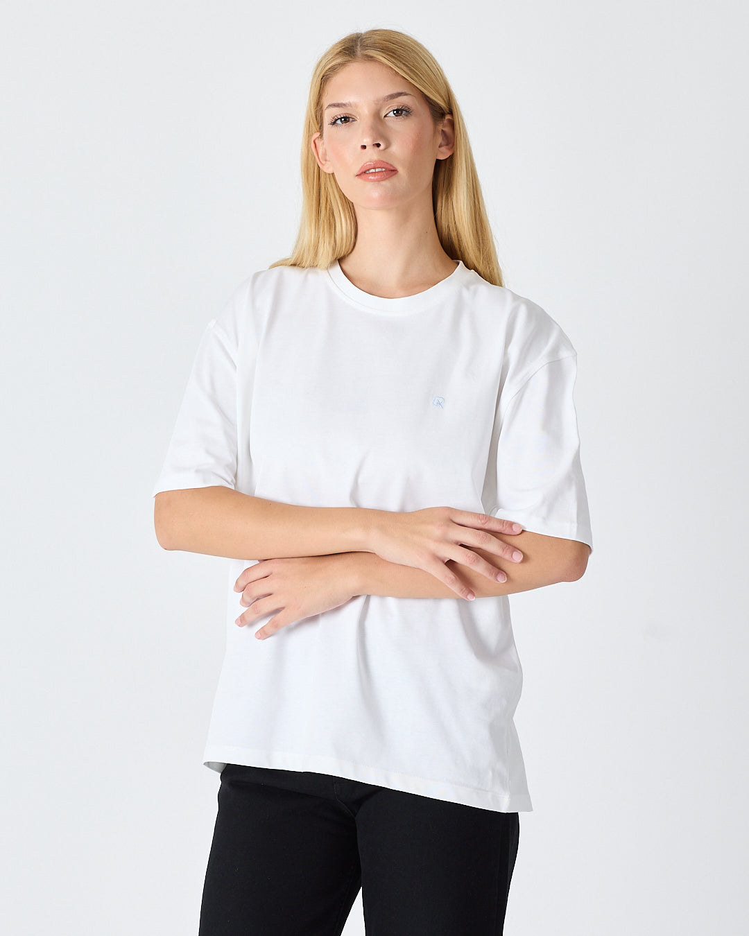 Unisex Beyaz Açık Mavi Nakışlı Oversize Bisiklet Yaka Organik Pamuklu T-Shirt