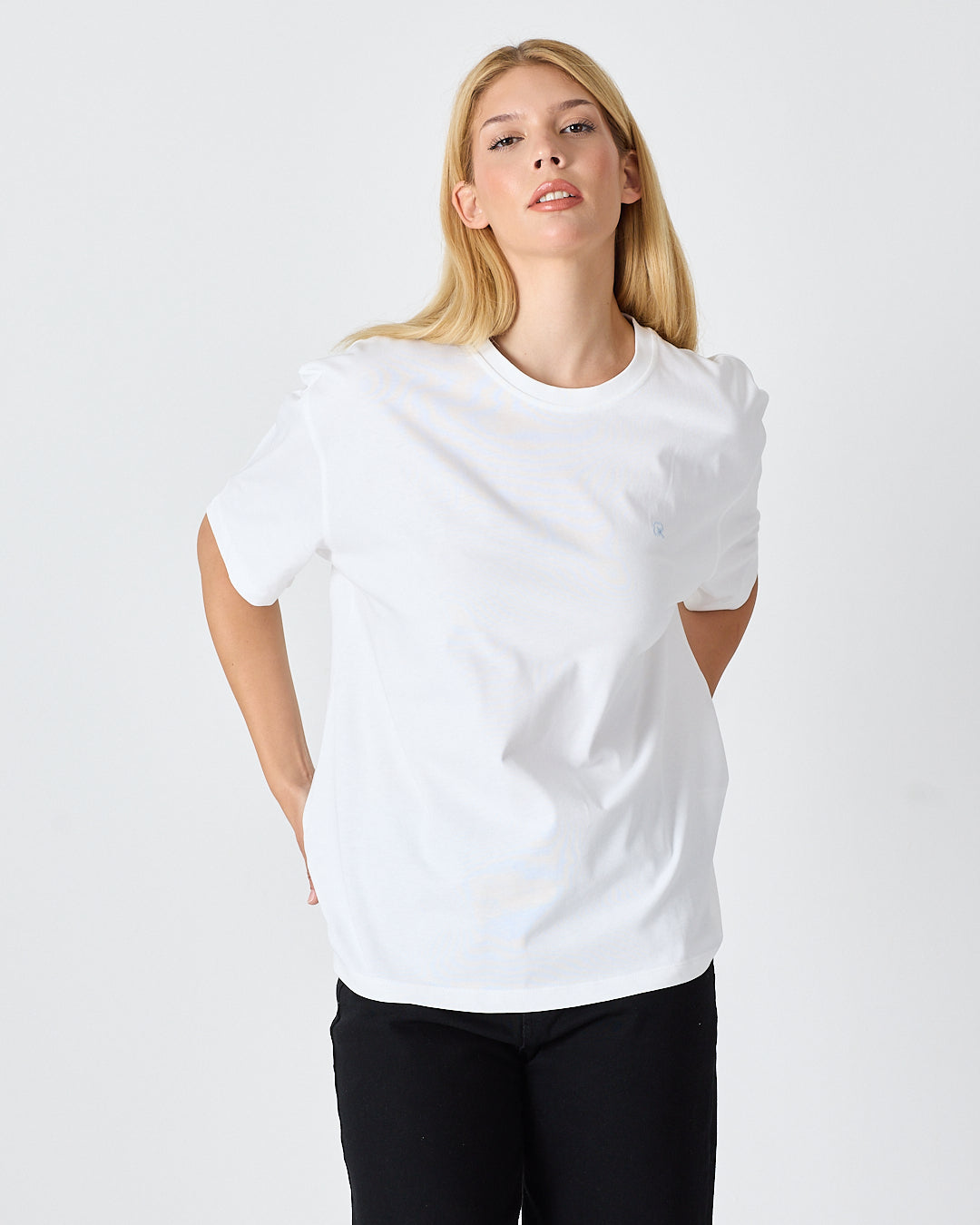 Unisex Beyaz Açık Mavi Nakışlı Oversize Bisiklet Yaka Organik Pamuklu T-Shirt