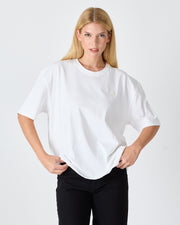 Unisex White Appliqué Logo Organic Cotton Oversized Crew Neck T-shirt -10305R01