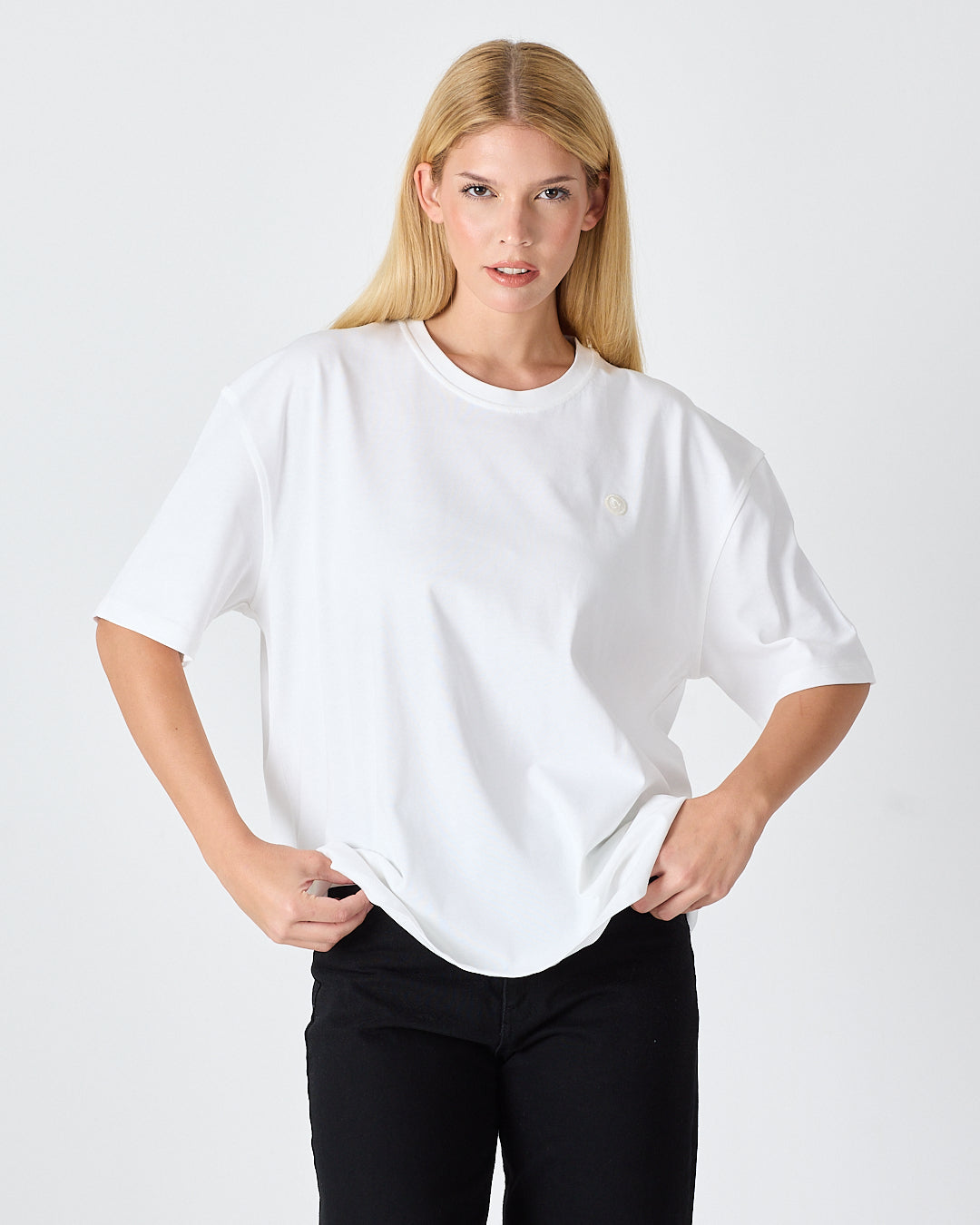 Unisex White Appliqué Logo Organic Cotton Oversized Crew Neck T-shirt -10305R01