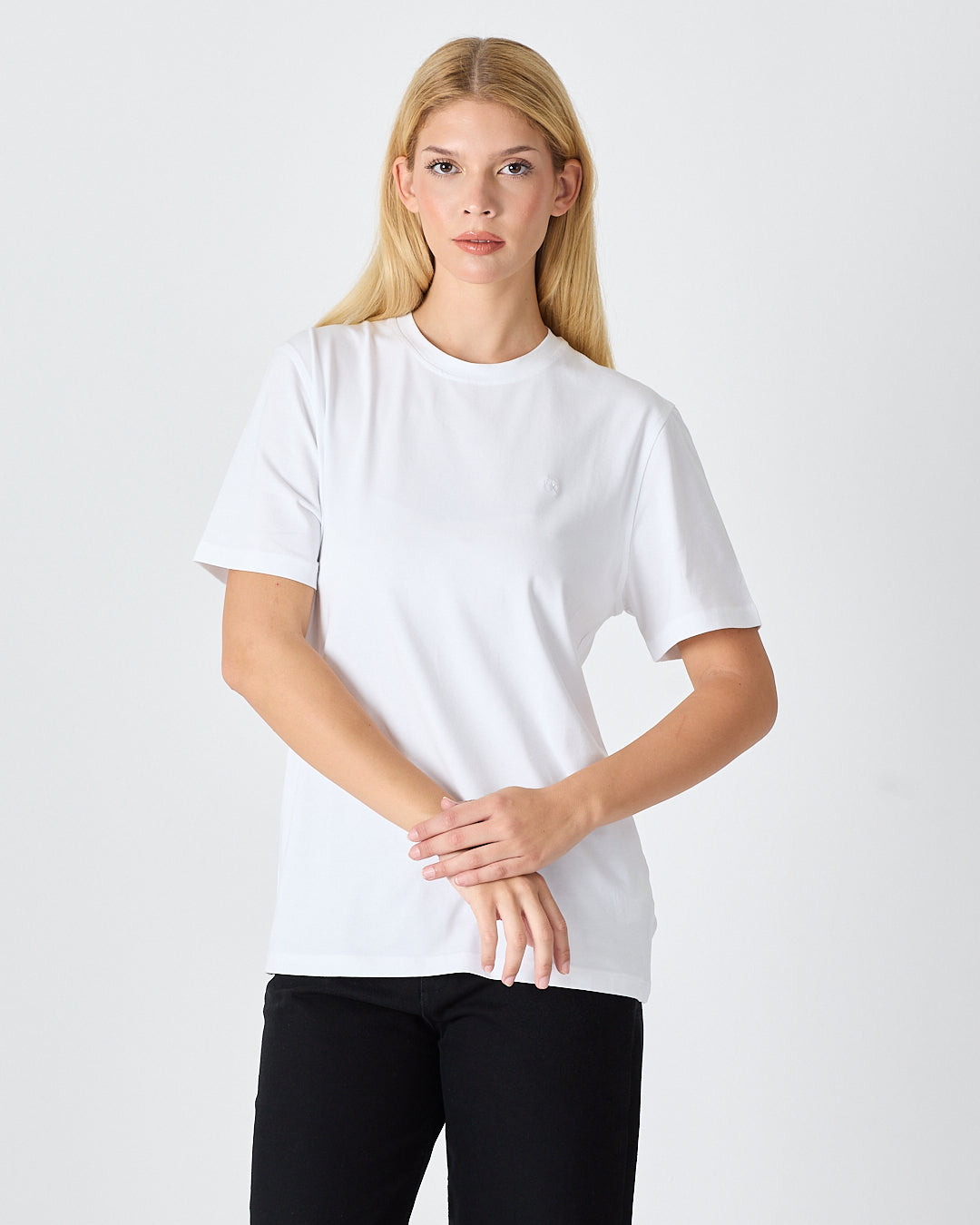 Unisex White Embroidered Standard Fit Crew Neck BCI Certified Cotton T-Shirt-1010101