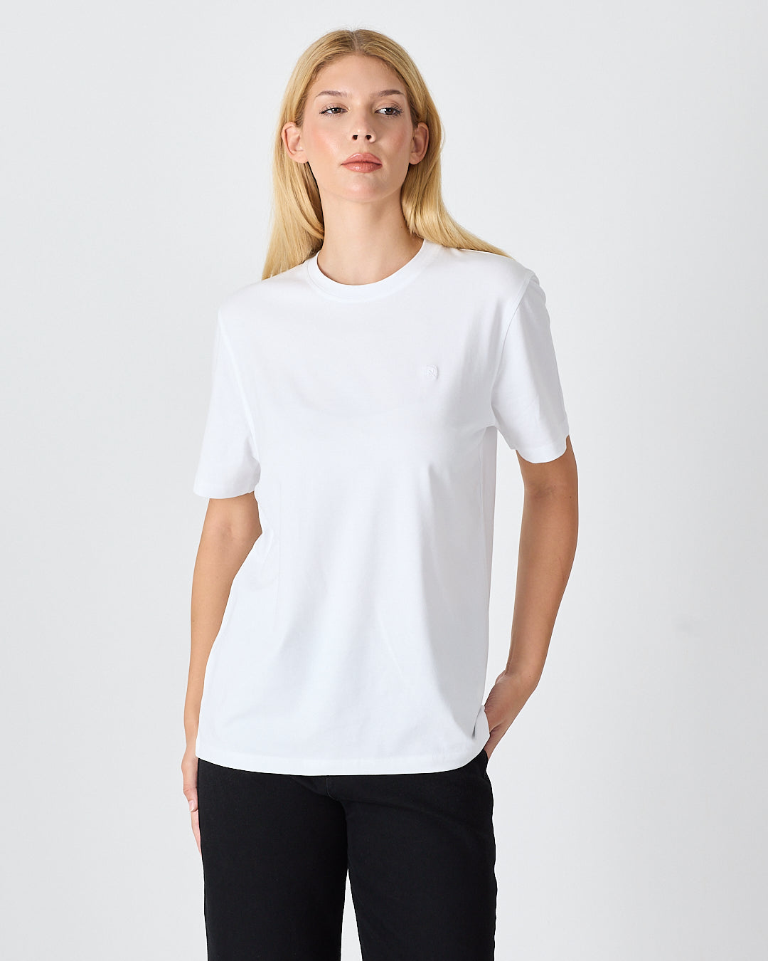 Unisex White Embroidered Standard Fit Crew Neck BCI Certified Cotton T-Shirt-1010101