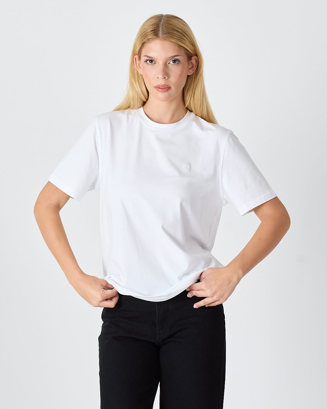 Unisex White Embroidered Standard Fit Crew Neck BCI Certified Cotton T-Shirt-1010101