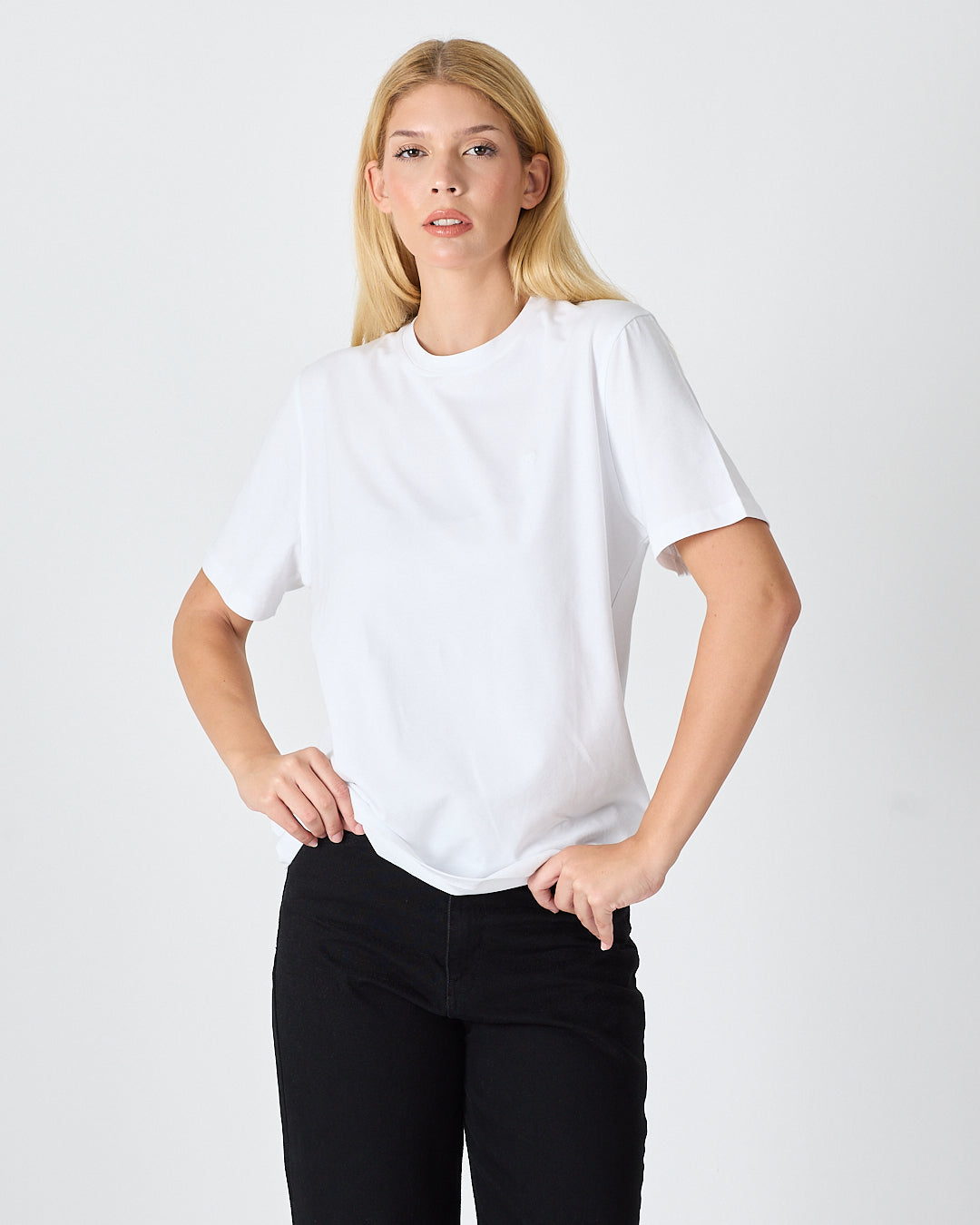 Unisex White Embroidered Standard Fit Crew Neck BCI Certified Cotton T-Shirt-1010101