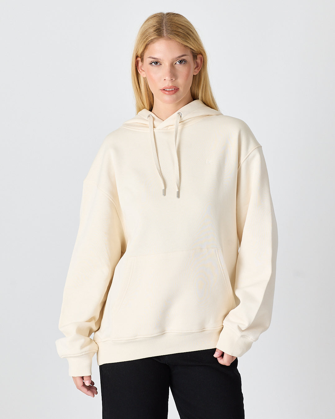 Unisex Ekru Nakışlı Kapüşonlu Organik Pamuk Oversize Sweatshirt