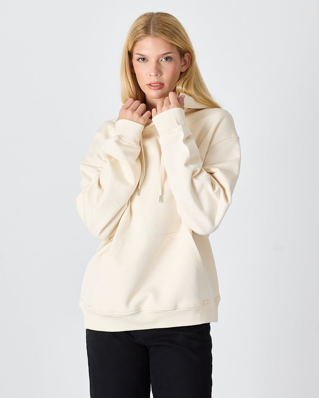 Unisex Ekru Nakışlı Kapüşonlu Organik Pamuk Oversize Sweatshirt