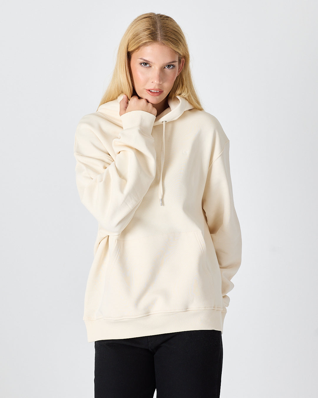 Unisex Ekru Nakışlı Kapüşonlu Organik Pamuk Oversize Sweatshirt