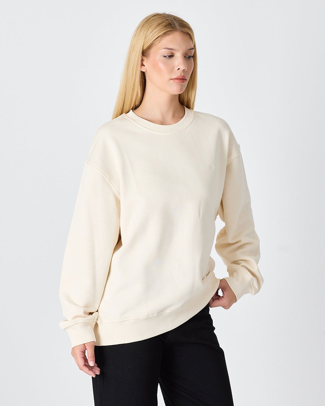 Unisex Ekru Nakışlı Bisiklet Yaka Organik Pamuk Oversize Sweatshirt