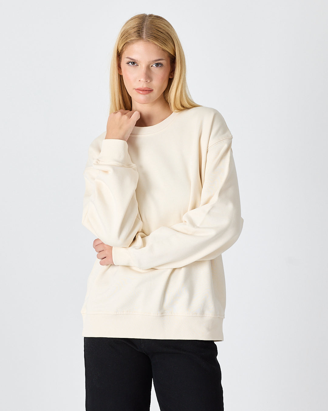 Unisex Ekru Nakışlı Bisiklet Yaka Organik Pamuk Oversize Sweatshirt
