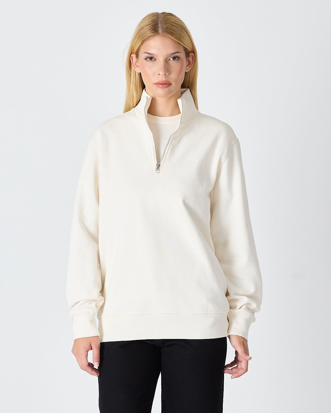 Unisex Ekru Nakışlı Organik Pamuk Yarım Fermuarlı Standart Kalıp Sweatshirt