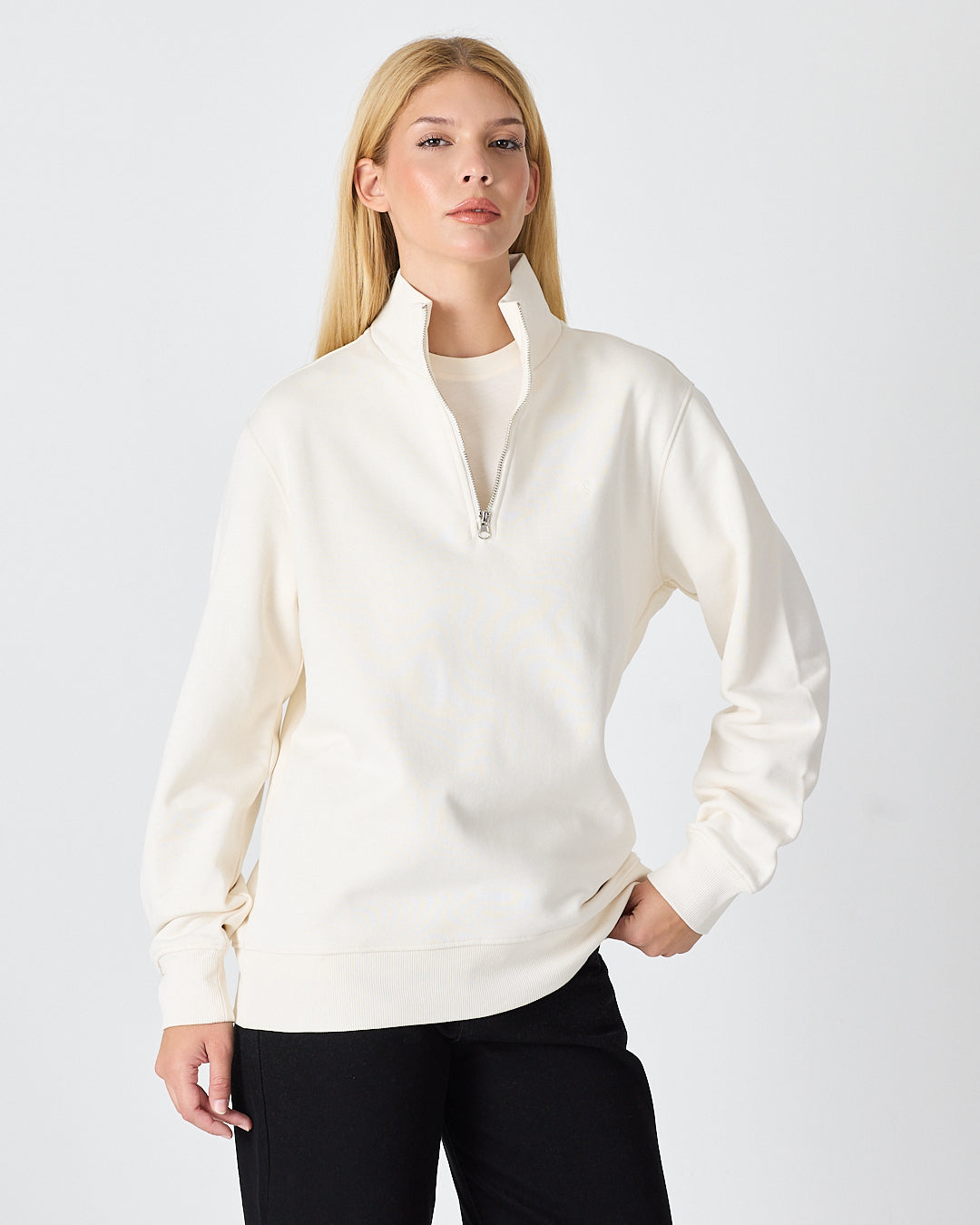 Unisex Ekru Nakışlı Organik Pamuk Yarım Fermuarlı Standart Kalıp Sweatshirt