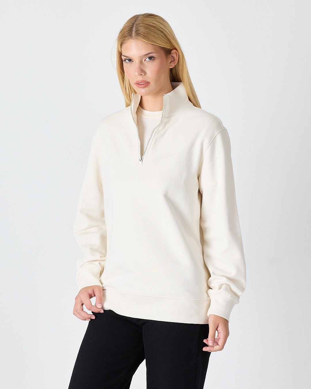 Unisex Ekru Nakışlı Organik Pamuk Yarım Fermuarlı Standart Kalıp Sweatshirt