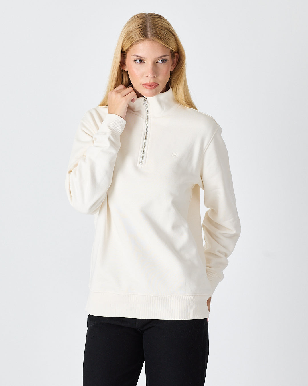 Unisex Ekru Nakışlı Organik Pamuk Yarım Fermuarlı Standart Kalıp Sweatshirt