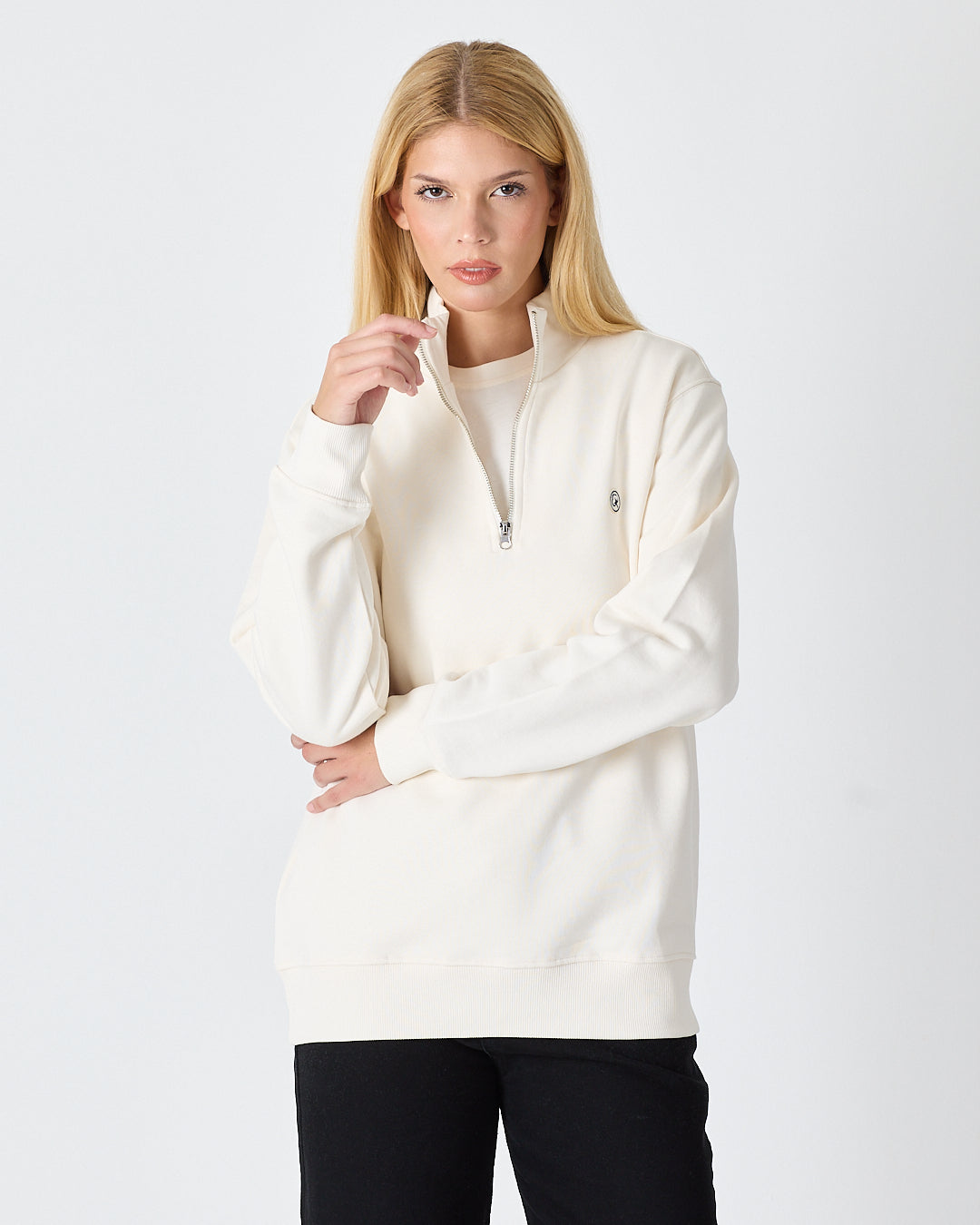 Unisex White Applique Logo Organic Cotton Standard Fit Half-Zip Sweatshirt-1031602