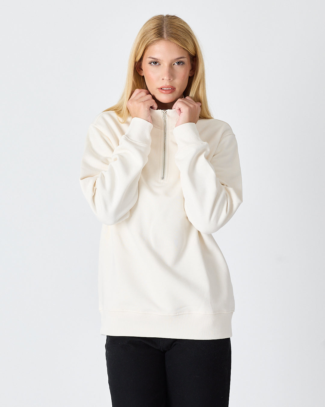 Unisex White Applique Logo Organic Cotton Standard Fit Half-Zip Sweatshirt-1031602