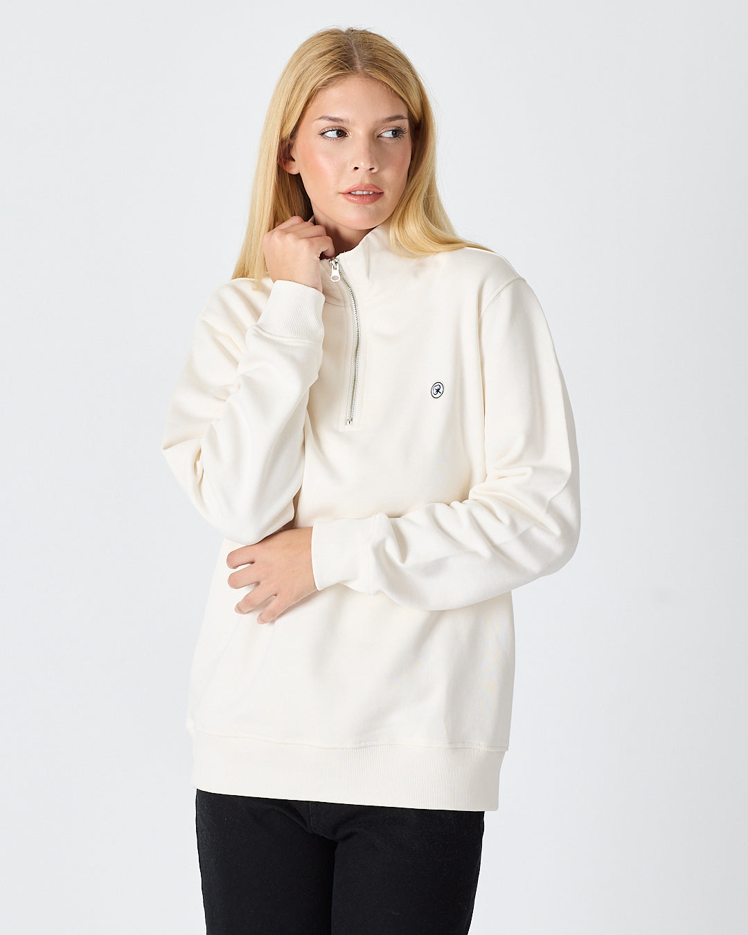 Unisex White Applique Logo Organic Cotton Standard Fit Half-Zip Sweatshirt-1031602