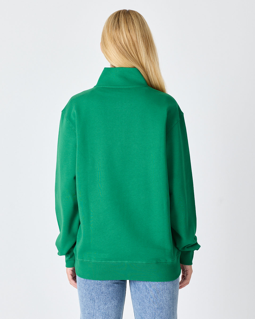 Unisex Yeşil Nakışlı Yarım Fermuarlı Yüksek Yaka Organik Pamuk Standart Kalıp Sweatshirt