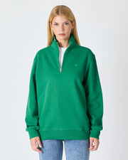 Unisex Yeşil Nakışlı Yarım Fermuarlı Yüksek Yaka Organik Pamuk Standart Kalıp Sweatshirt