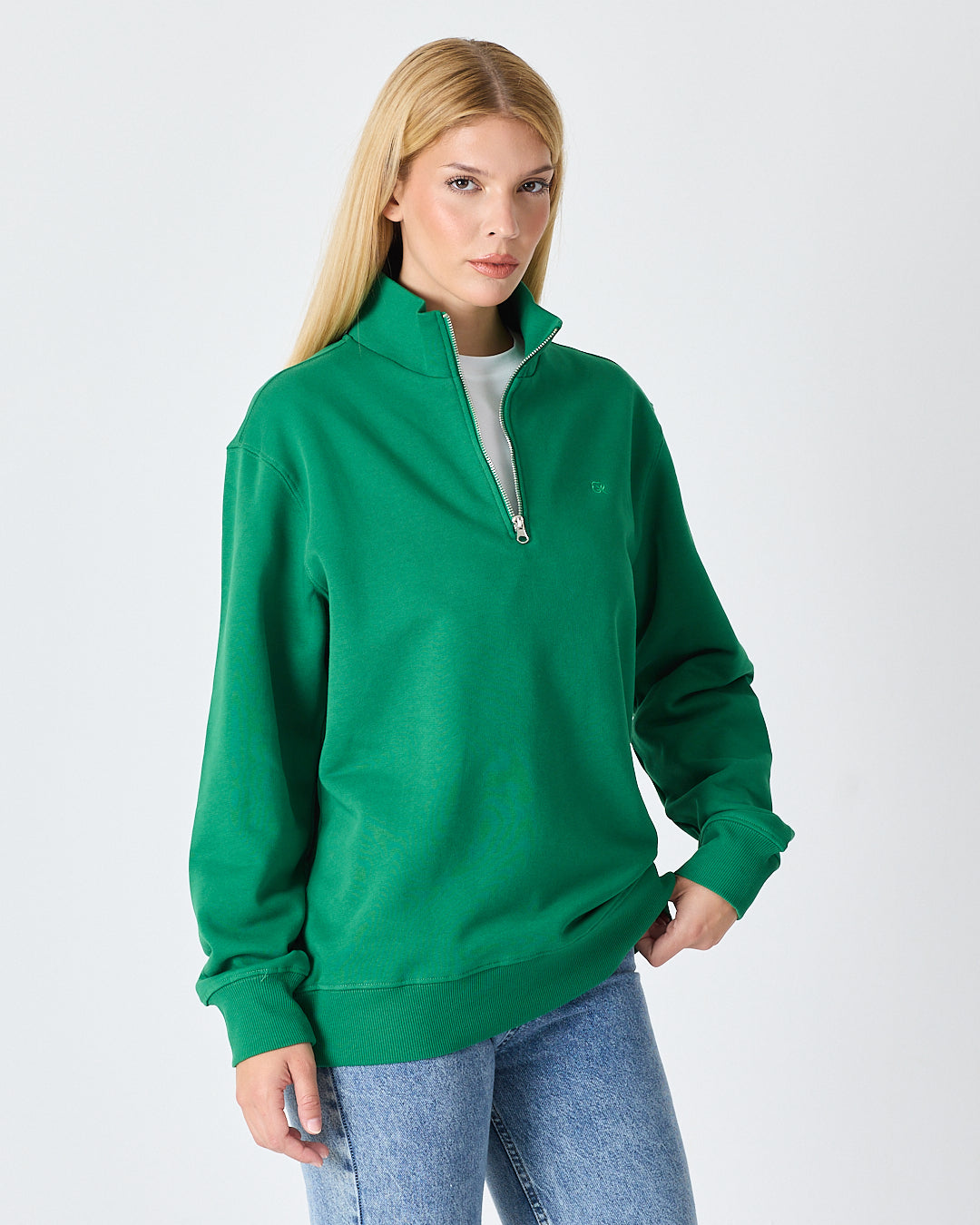 Unisex Yeşil Nakışlı Yarım Fermuarlı Yüksek Yaka Organik Pamuk Standart Kalıp Sweatshirt