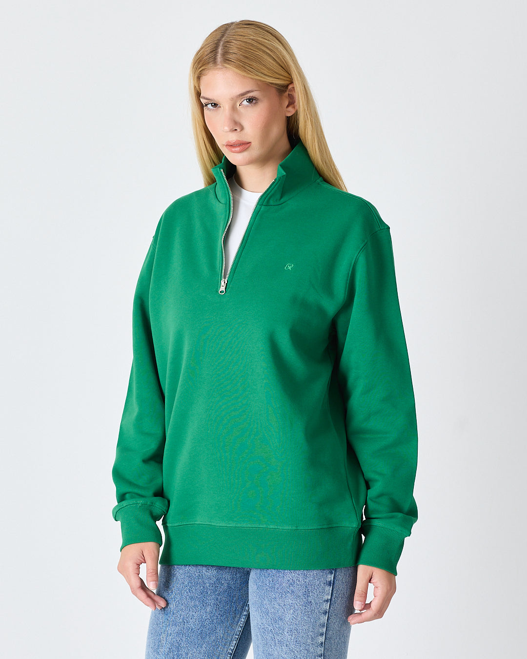 Unisex Yeşil Nakışlı Yarım Fermuarlı Yüksek Yaka Organik Pamuk Standart Kalıp Sweatshirt