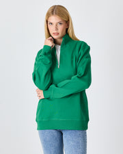 Unisex Yeşil Nakışlı Yarım Fermuarlı Yüksek Yaka Organik Pamuk Standart Kalıp Sweatshirt