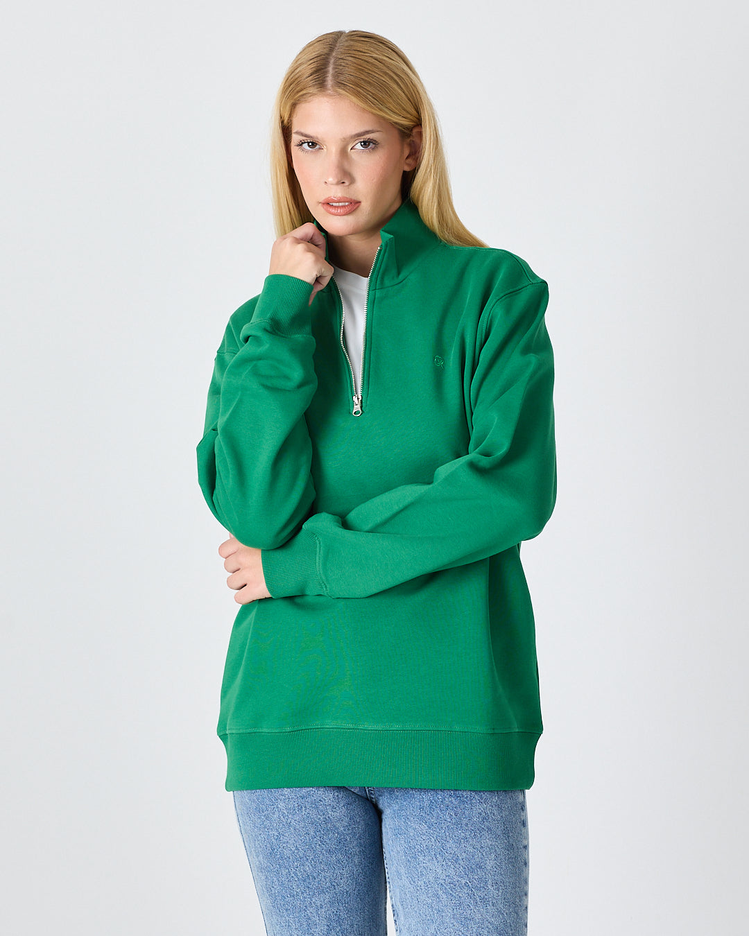 Unisex Yeşil Nakışlı Yarım Fermuarlı Yüksek Yaka Organik Pamuk Standart Kalıp Sweatshirt
