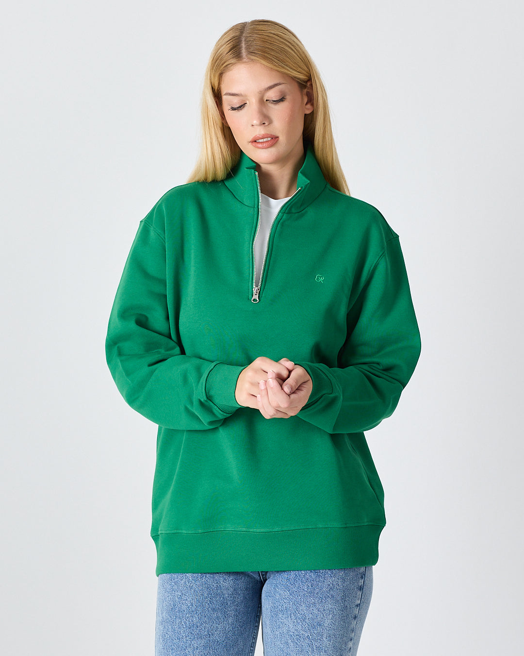 Unisex Yeşil Nakışlı Yarım Fermuarlı Yüksek Yaka Organik Pamuk Standart Kalıp Sweatshirt