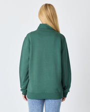 Unisex Koyu Yeşil Nakışlı Organik Pamuk Yarım Fermuarlı Standart Kalıp Sweatshirt