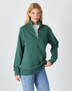Unisex Koyu Yeşil Nakışlı Organik Pamuk Yarım Fermuarlı Standart Kalıp Sweatshirt