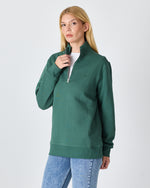 Unisex Koyu Yeşil Nakışlı Organik Pamuk Yarım Fermuarlı Standart Kalıp Sweatshirt