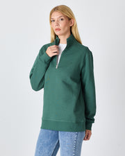 Unisex Koyu Yeşil Nakışlı Organik Pamuk Yarım Fermuarlı Standart Kalıp Sweatshirt