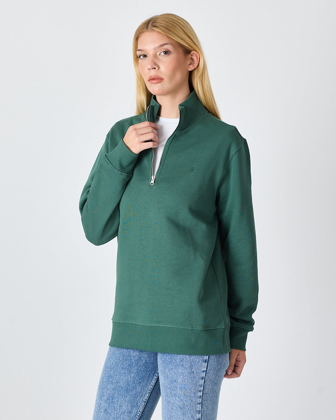 Unisex Koyu Yeşil Nakışlı Organik Pamuk Yarım Fermuarlı Standart Kalıp Sweatshirt