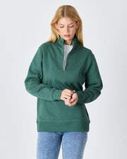 Unisex Koyu Yeşil Nakışlı Organik Pamuk Yarım Fermuarlı Standart Kalıp Sweatshirt