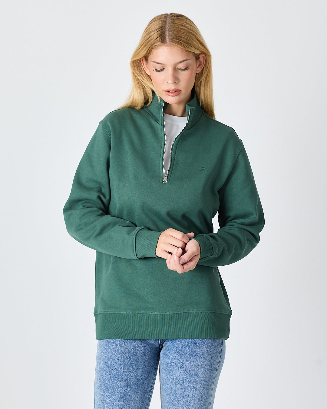 Unisex Koyu Yeşil Nakışlı Organik Pamuk Yarım Fermuarlı Standart Kalıp Sweatshirt