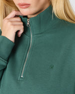 Unisex Koyu Yeşil Nakışlı Organik Pamuk Yarım Fermuarlı Standart Kalıp Sweatshirt
