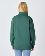 Unisex Koyu Yeşil Beyaz Logo Organik Pamuklu Yarım Fermuarlı Yüksek Yaka Standart Kesim Sweatshirt