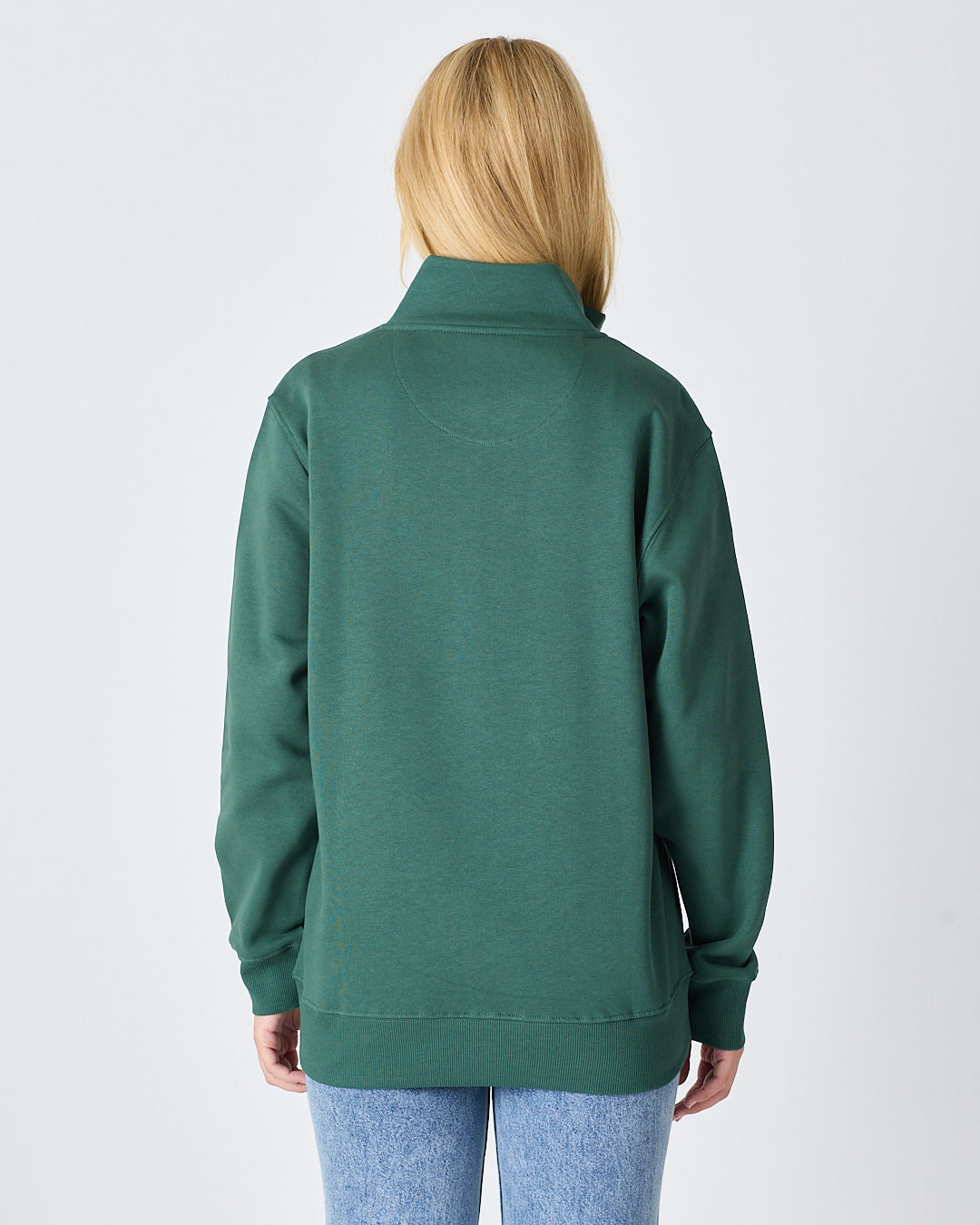 Unisex Koyu Yeşil Beyaz Logo Organik Pamuklu Yarım Fermuarlı Yüksek Yaka Standart Kesim Sweatshirt