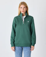 Unisex Koyu Yeşil Beyaz Logo Organik Pamuklu Yarım Fermuarlı Yüksek Yaka Standart Kesim Sweatshirt
