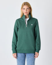 Unisex Koyu Yeşil Beyaz Logo Organik Pamuklu Yarım Fermuarlı Yüksek Yaka Standart Kesim Sweatshirt