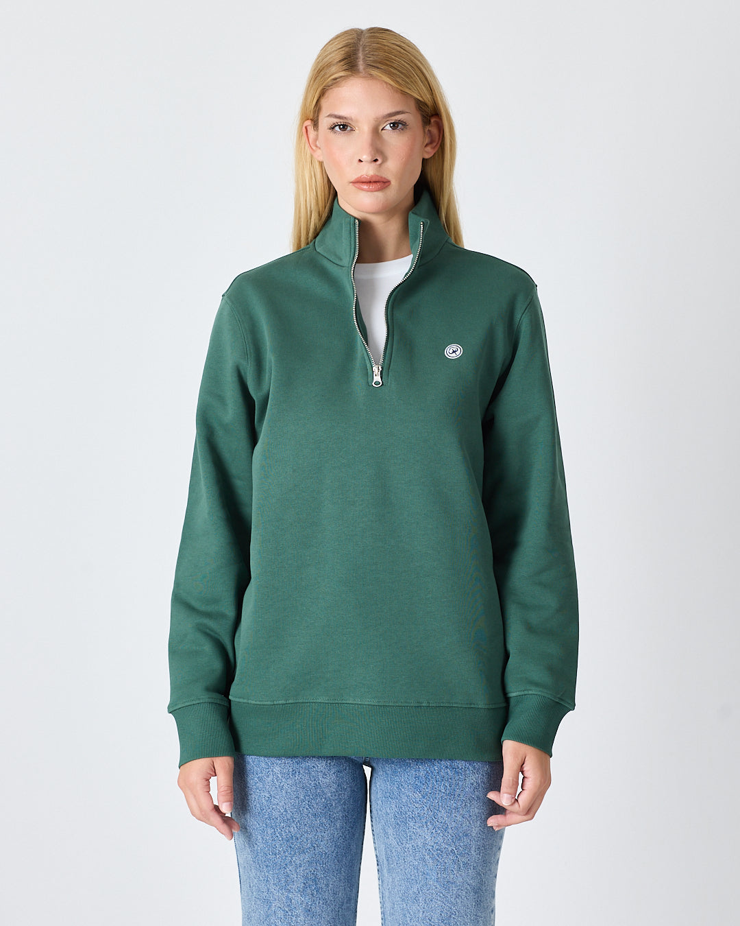 Unisex Koyu Yeşil Beyaz Logo Organik Pamuklu Yarım Fermuarlı Yüksek Yaka Standart Kesim Sweatshirt