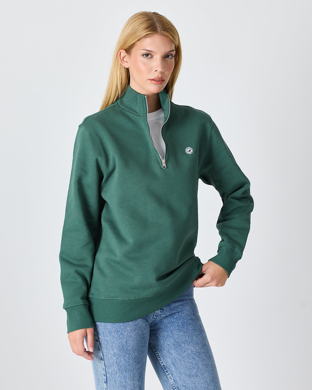 Unisex Koyu Yeşil Beyaz Logo Organik Pamuklu Yarım Fermuarlı Yüksek Yaka Standart Kesim Sweatshirt