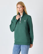 Unisex Koyu Yeşil Beyaz Logo Organik Pamuklu Yarım Fermuarlı Yüksek Yaka Standart Kesim Sweatshirt