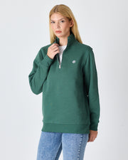 Unisex Koyu Yeşil Beyaz Logo Organik Pamuklu Yarım Fermuarlı Yüksek Yaka Standart Kesim Sweatshirt