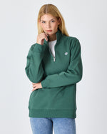Unisex Koyu Yeşil Beyaz Logo Organik Pamuklu Yarım Fermuarlı Yüksek Yaka Standart Kesim Sweatshirt