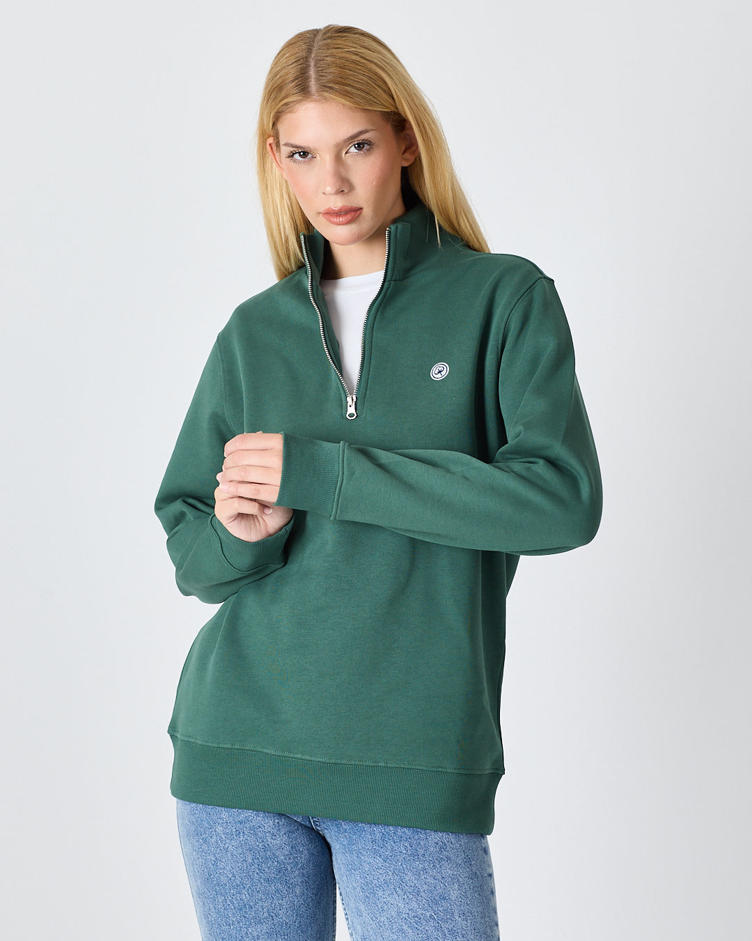 Unisex Koyu Yeşil Beyaz Logo Organik Pamuklu Yarım Fermuarlı Yüksek Yaka Standart Kesim Sweatshirt
